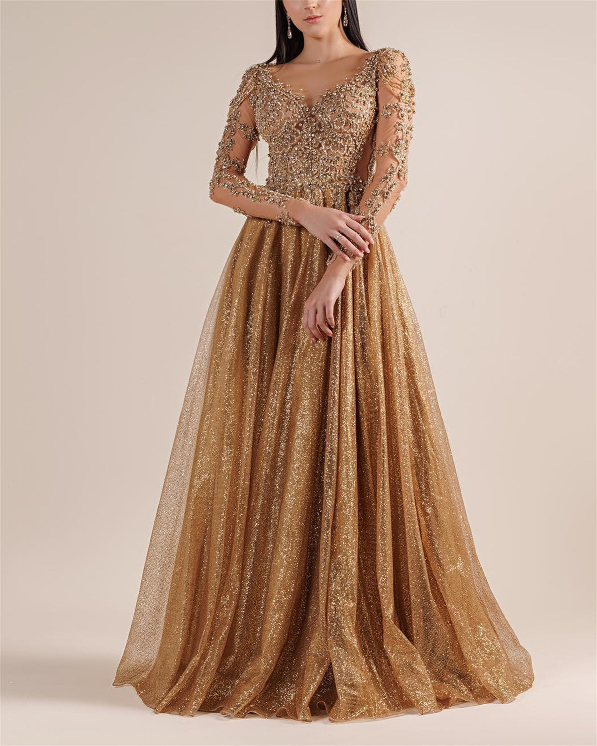 Women's V-neck Long Sleeve Mesh Sequin Dress