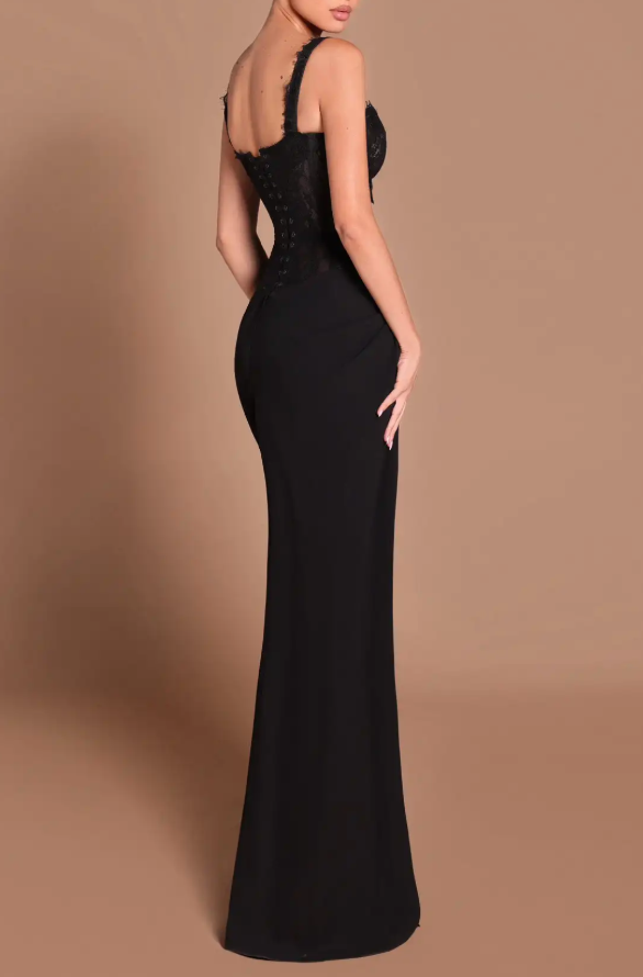 Black Lace Corset Maxi Dress with High Slit