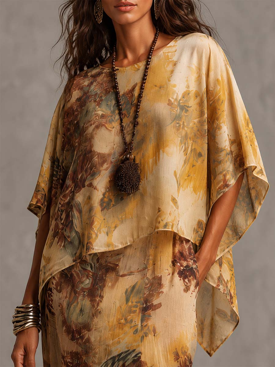 Boho Vintage Floral Print Cape Sleeve Overlay Top & Side Slit Midi Skirt Two Piece Set