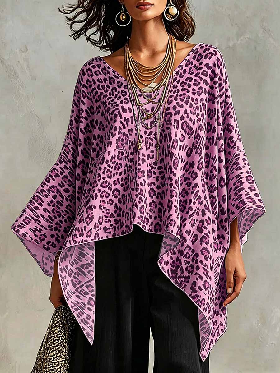 Women's Vintage Leopard Print V-neck 3/4-sleeve Casual Loose Cotton-linen Top