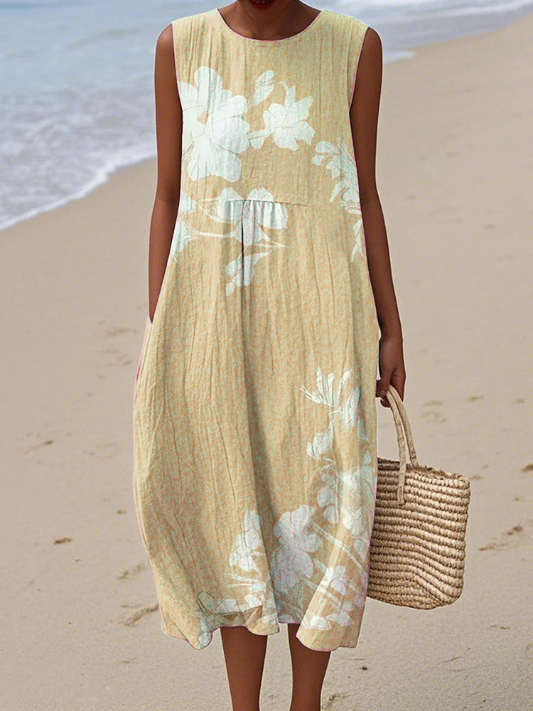 Vintage Loose Floral Art Linen Tank Dress