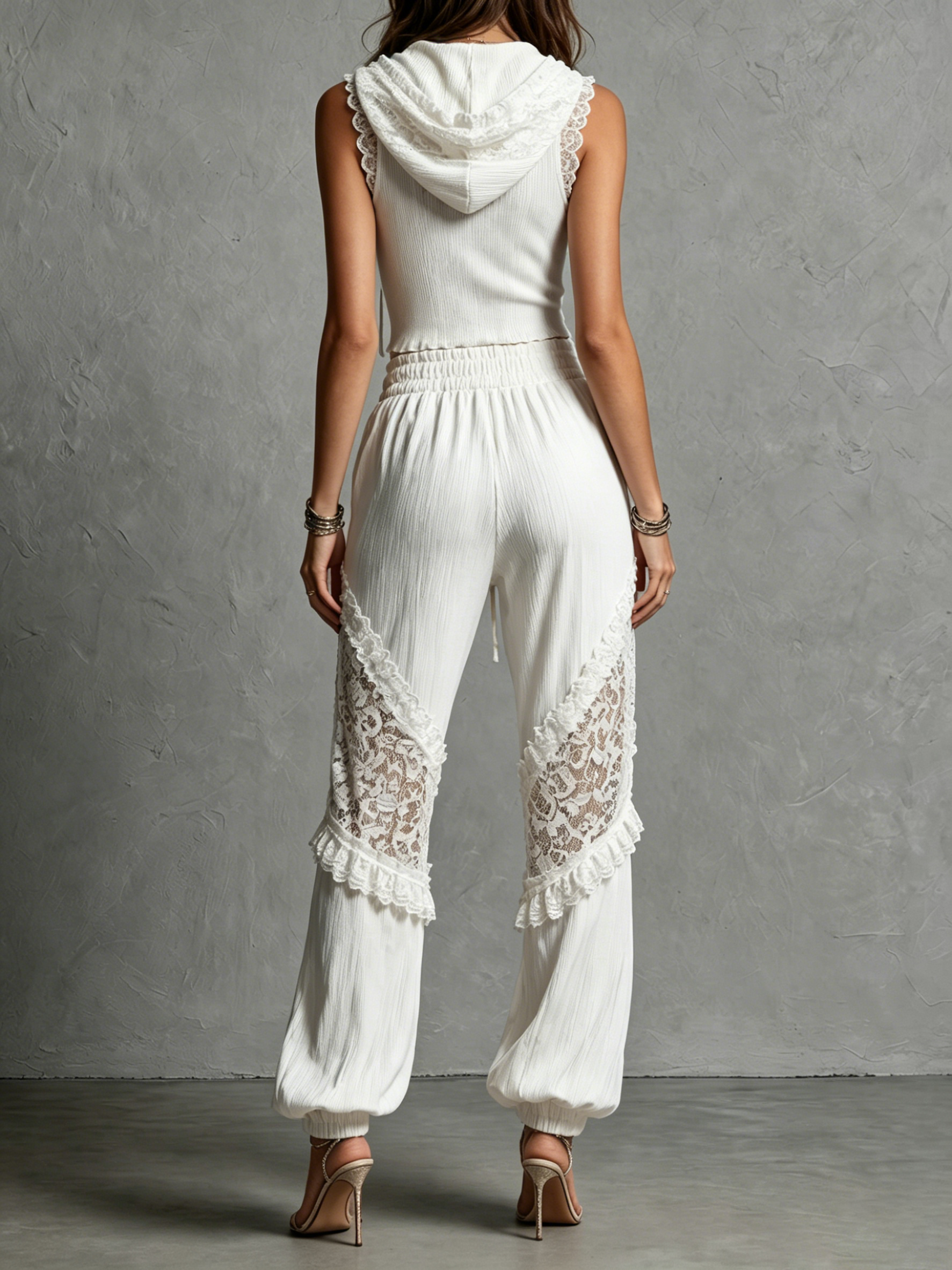 Lace-trimmed Ribbed Cropped Hoodie + Lace-paneled Joggers Set