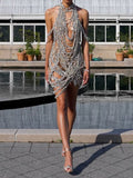 Sequined Sleeveless Deep V-Neck Mini Dresses