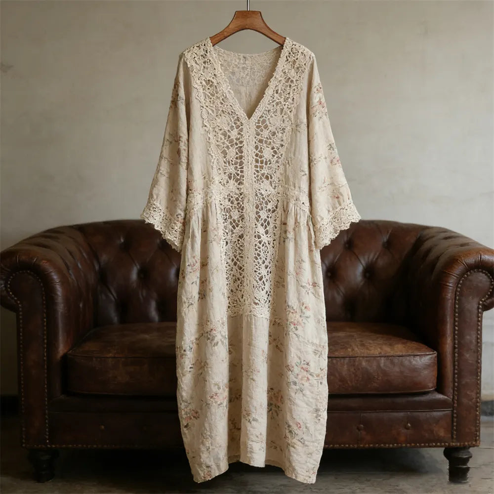 Boho Lace Floral Patchwork Women's Linen V-neck Long Dress
