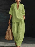 Gurtons Coastal Chic 2-Piece Set - V-Neck Linen-Textured Tunic & Wide-Leg Pants Lounge Set