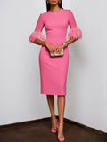 Rose Red Feather Classic Crew Neck Half Sleeve Sheath Midi Dress