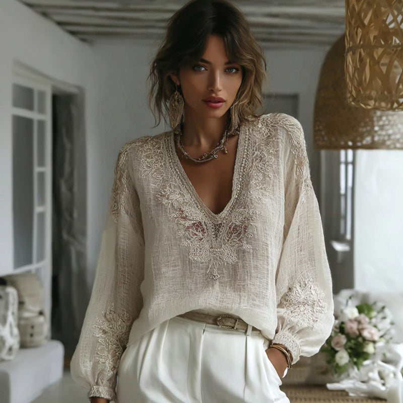 Women's Floral Embroidery Linen V-neck T-shirt