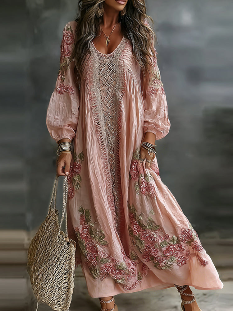 Women's Retro Floral Art Flowy Linen Blend Casual Long Sleeve Maxi Dress