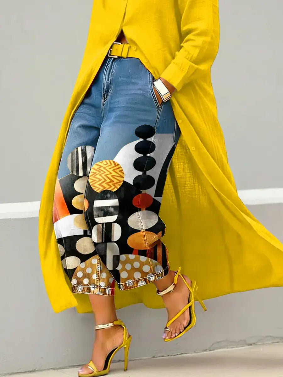 Women's Abstract Art Print Casual Loose Wide-leg Denim Pants