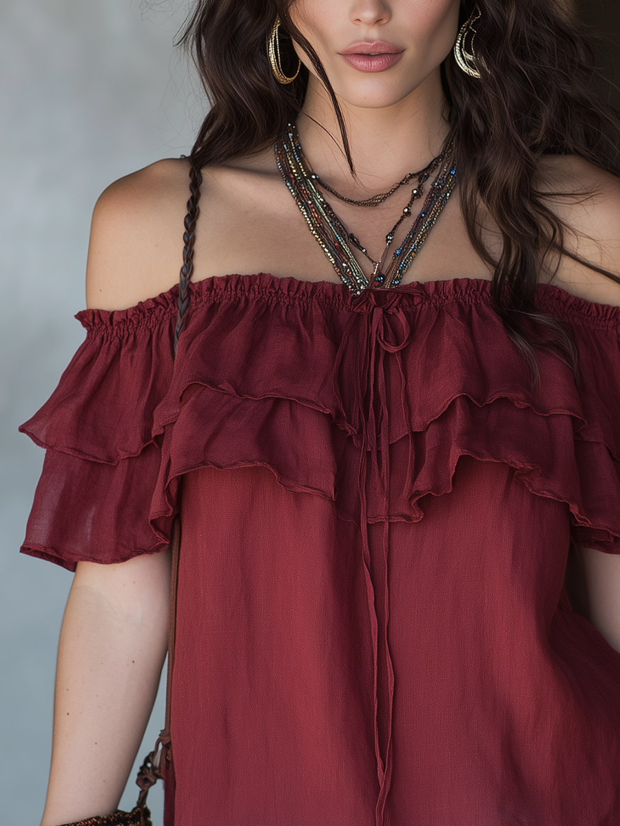 Elegant Brick Red Cotton Linen Off-shoulder Ruffle Top
