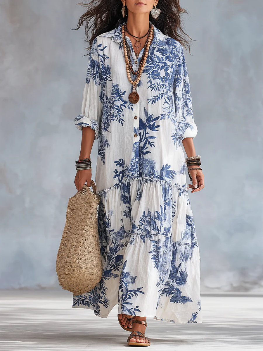 Retro Boho Blue Floral Print Cotton Dress