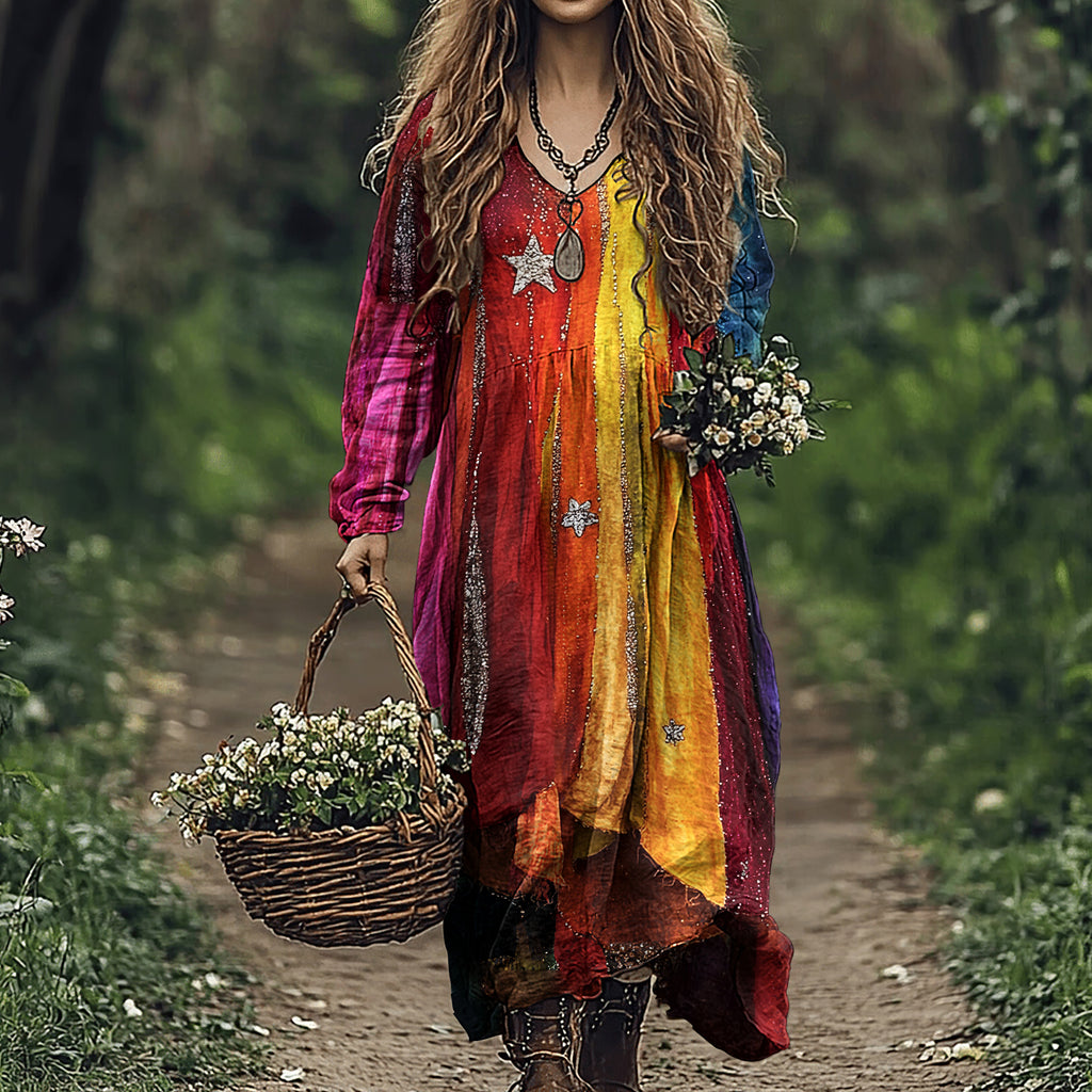 Women's Vintage Gradient Star Patchwork Comfy Midi Dress