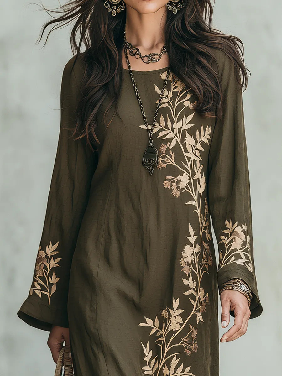Refined Olive Botanical Print Maxi Dress