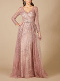 V-Neck Lace Solid Color Long Sleeves Maxi Dress