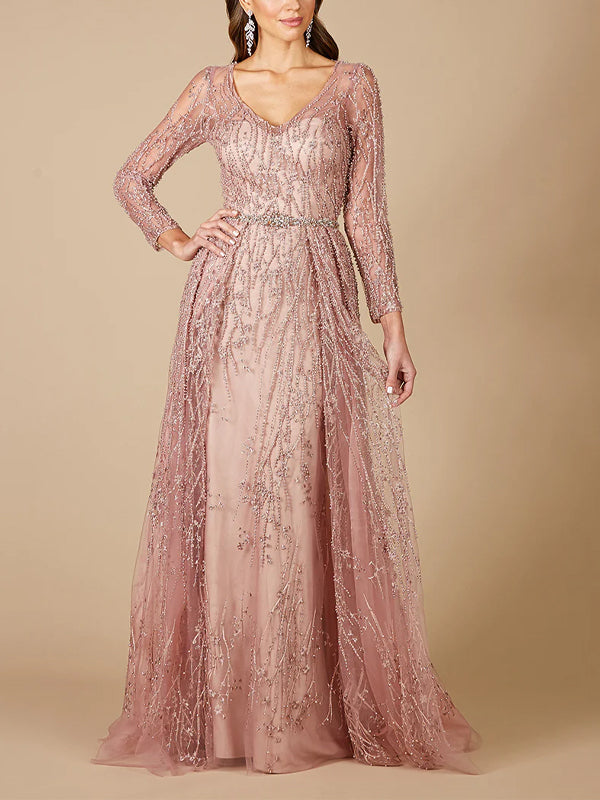 V-Neck Lace Solid Color Long Sleeves Maxi Dress