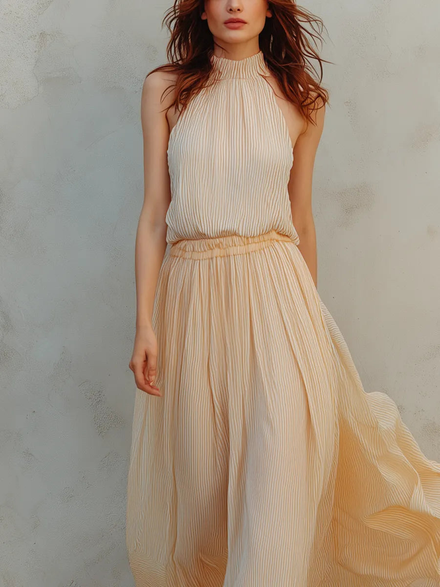 Cream Yellow Striped Halter Top And Skirt Set
