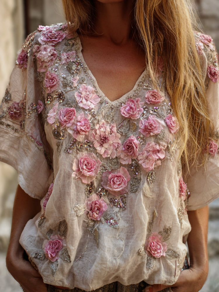 Bohemian Style Pink Rose Vintage Romantic Distressed V-neck Short-sleeved Shirt