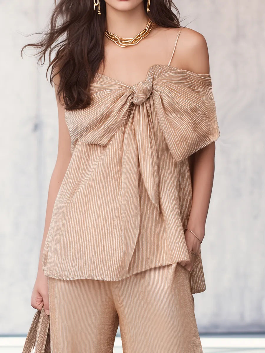 Elegant Champagne Bow Front Wide Leg Pants Set