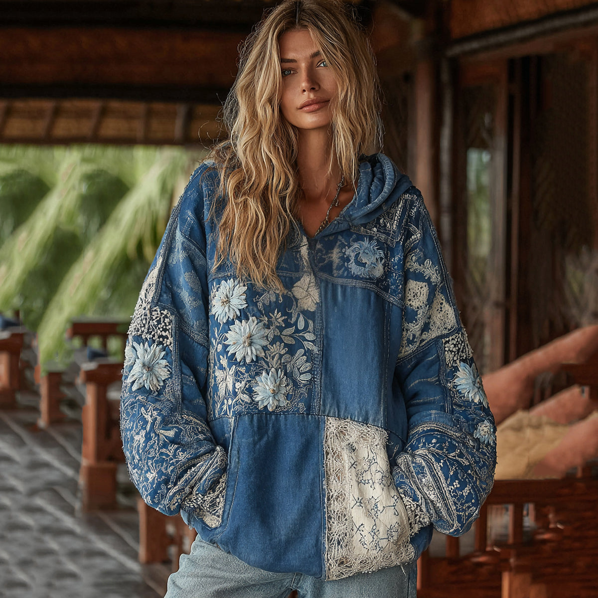 Vintage Bohemian Floral With  Japanese Traditional Sashiko Patchwork Art Embroidery Inspired Washed Hoodie