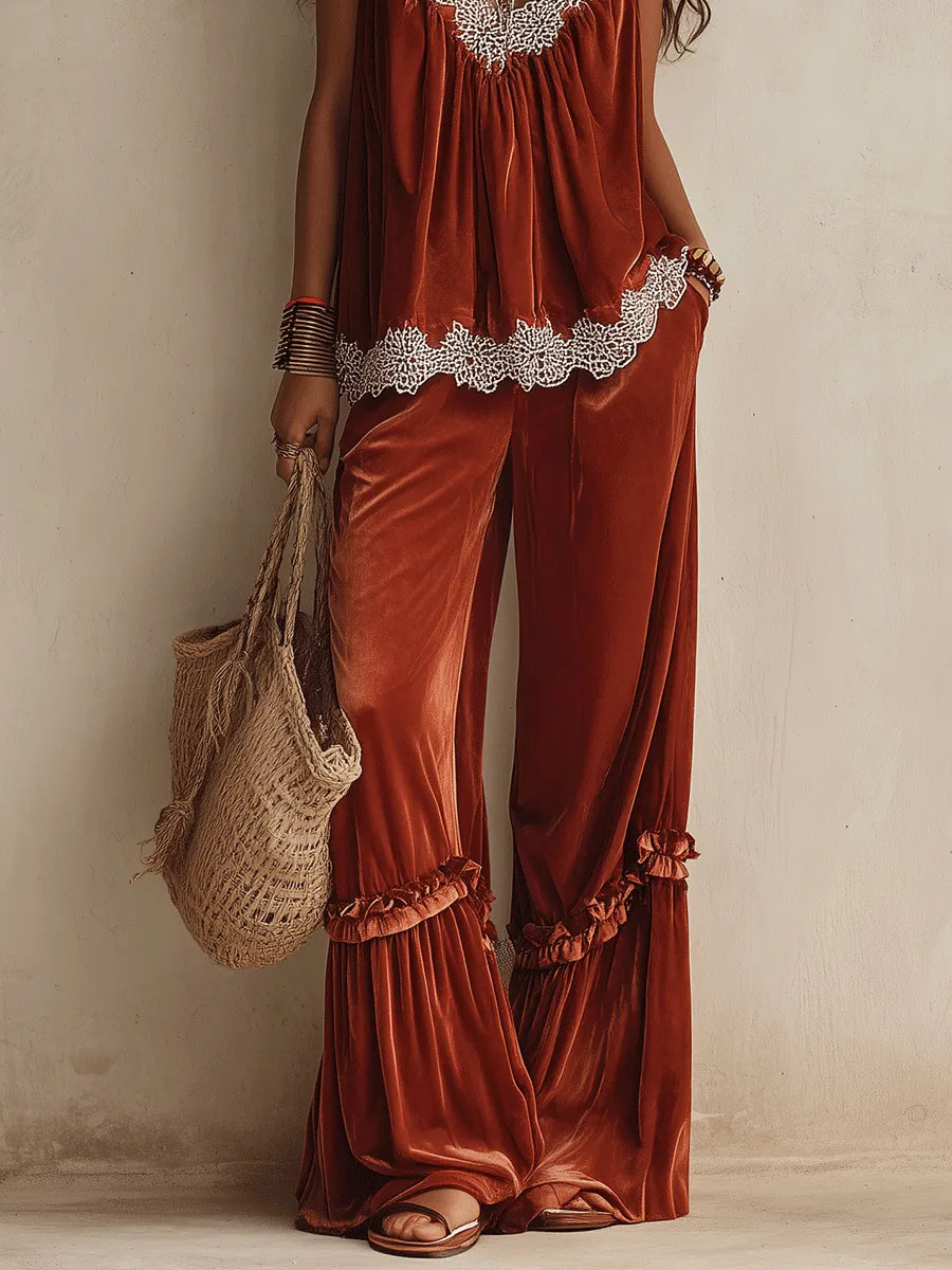 Boho Chic Velvet Lace-Trim Halter Wide-Leg Rust Two-Piece Set