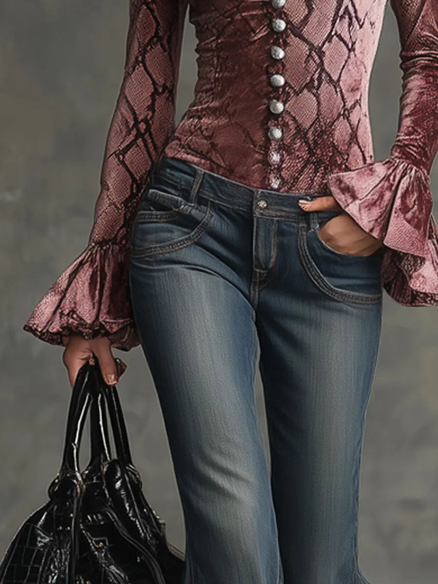 Vintage Pink Velvet Crocodile Print V-Neck Flared Long-Sleeved Shirt