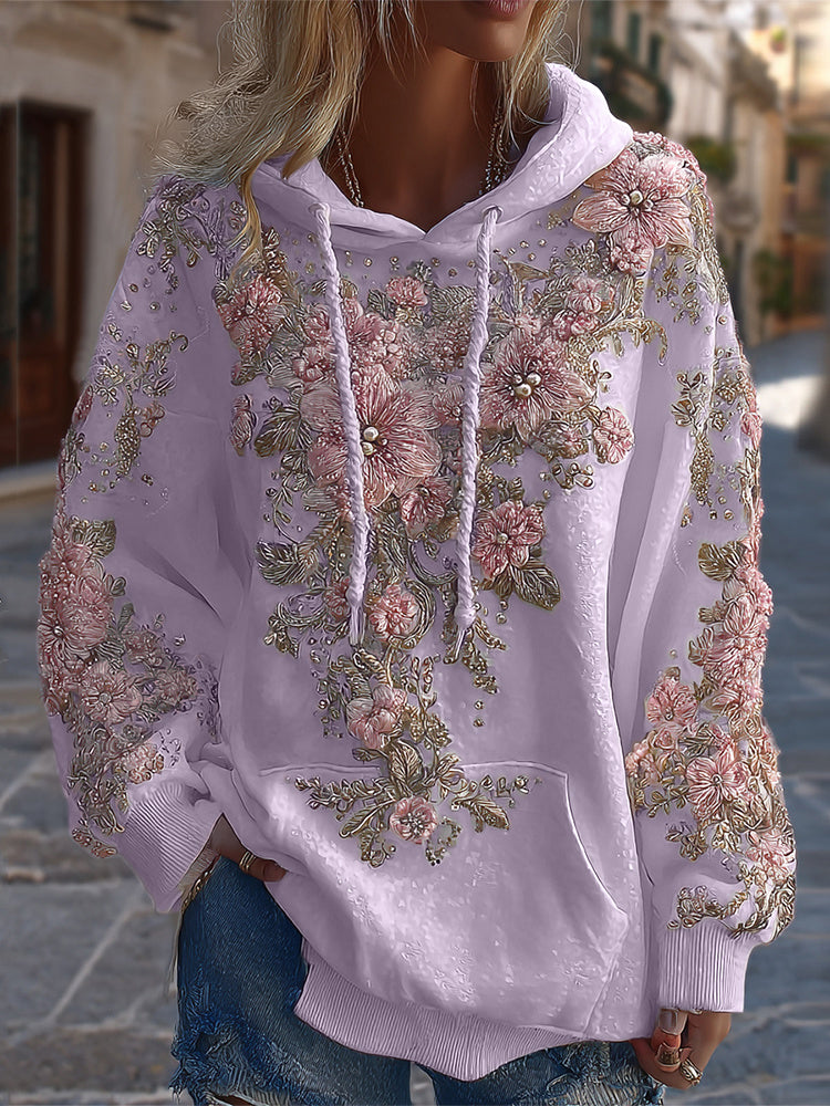 Women's Classic Floral Embroidery Art Comfy Hoodie