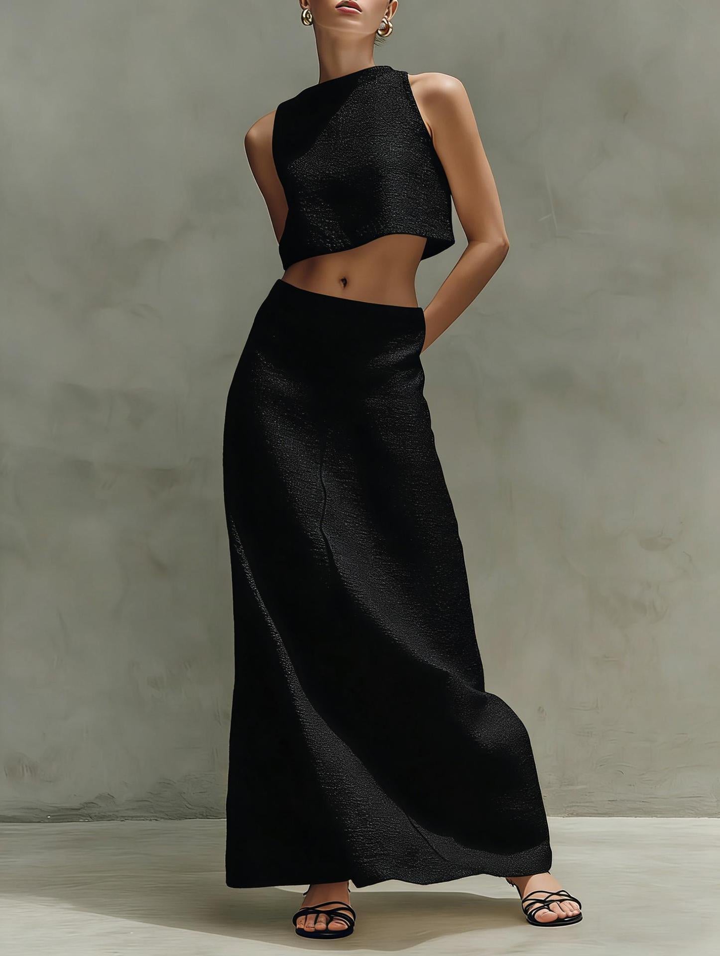 Women's Minimalist Two-Piece Set - Sleeveless Crop Top & High-Waist Maxi Skirt Vacation Outfit