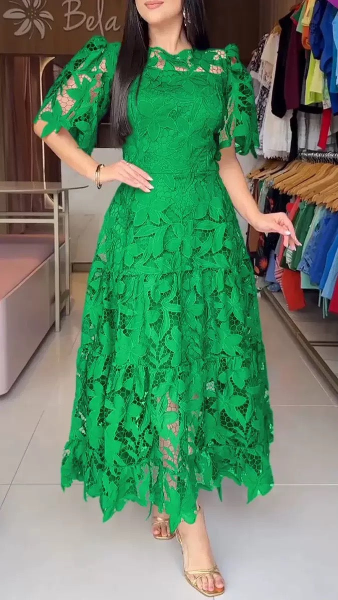 3D Floral Lace Tiered Midi Dress