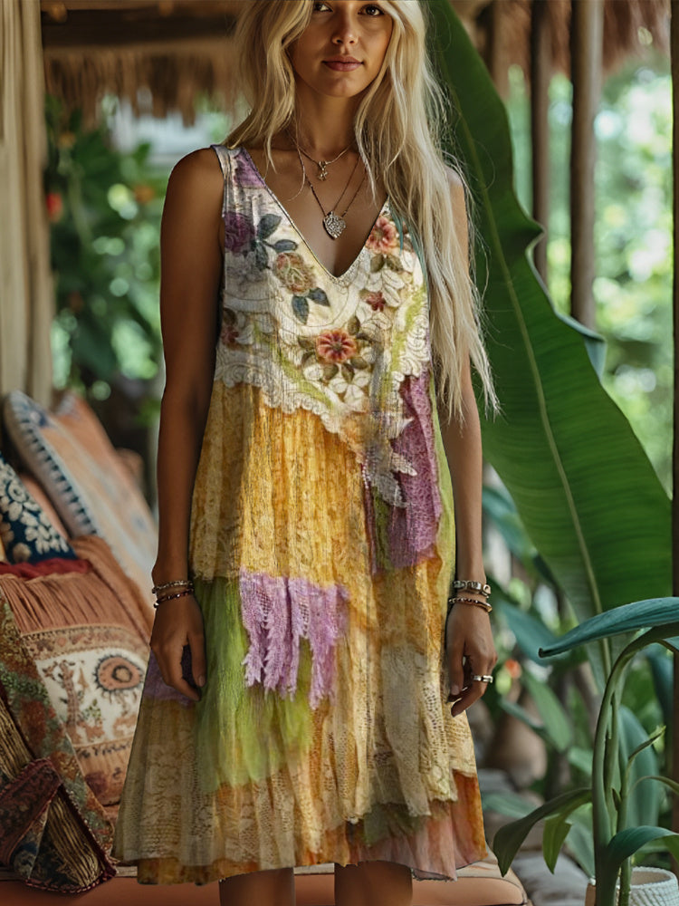 Lace Floral Vintage Multi-layer Art Women's Linen Vest Dress