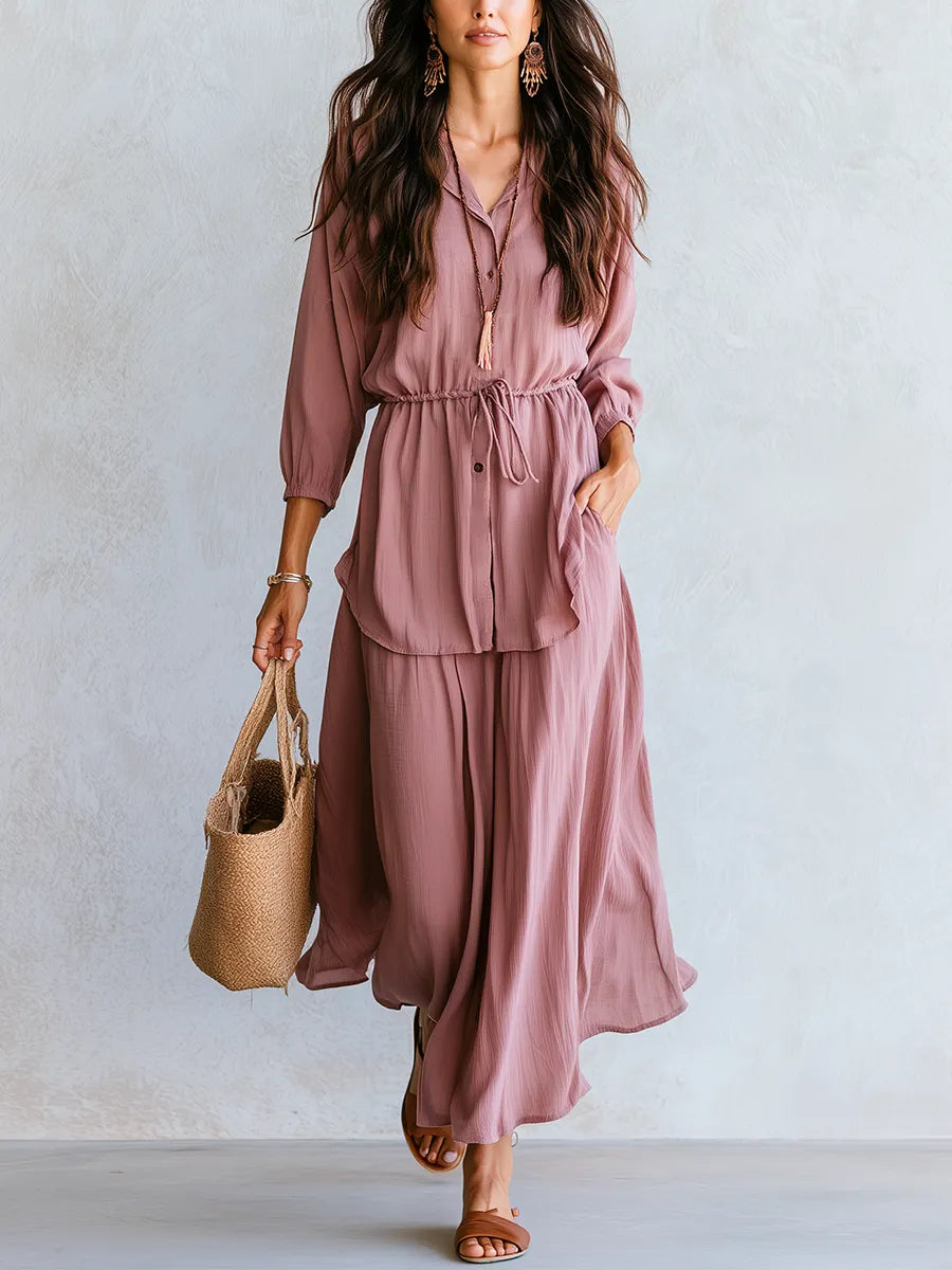 Romantic Dusty Rose Drawstring Waist Blouse Maxi Skirt Set