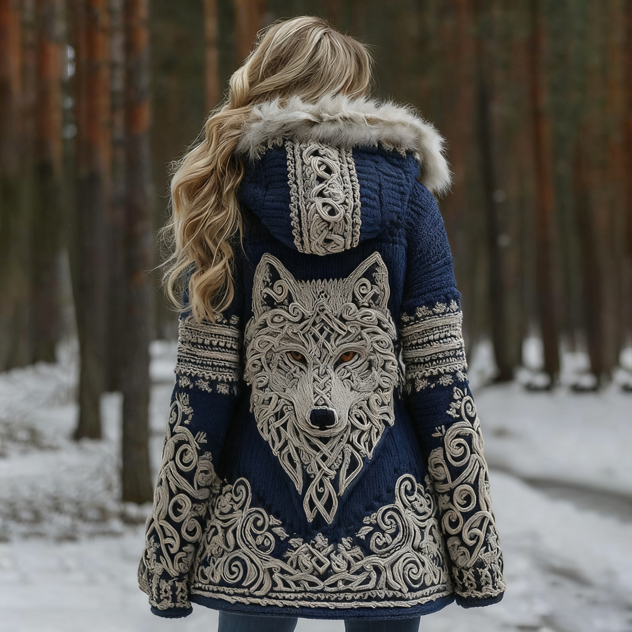 Women Viking Wolf Celtic Knot Art Cozy Fur Collar Hooded Cardigan