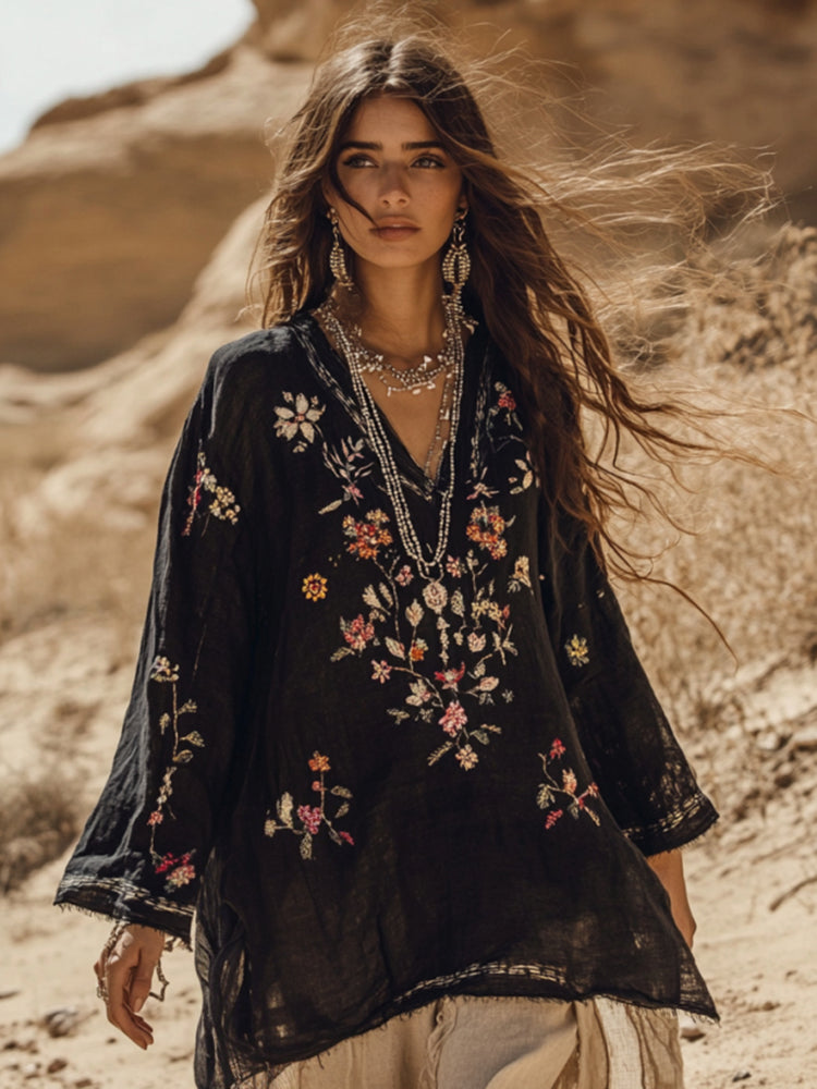 Boho Vintage Floral Embroidery Print Cotton And Linen Blend Loose Blouse