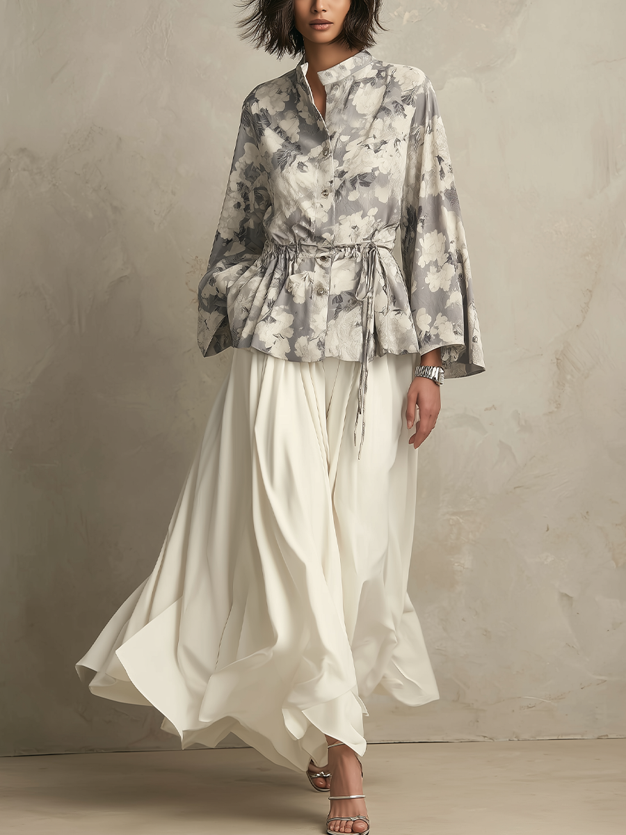 Bohemian Gray Floral Print Top And Long Skirt Set