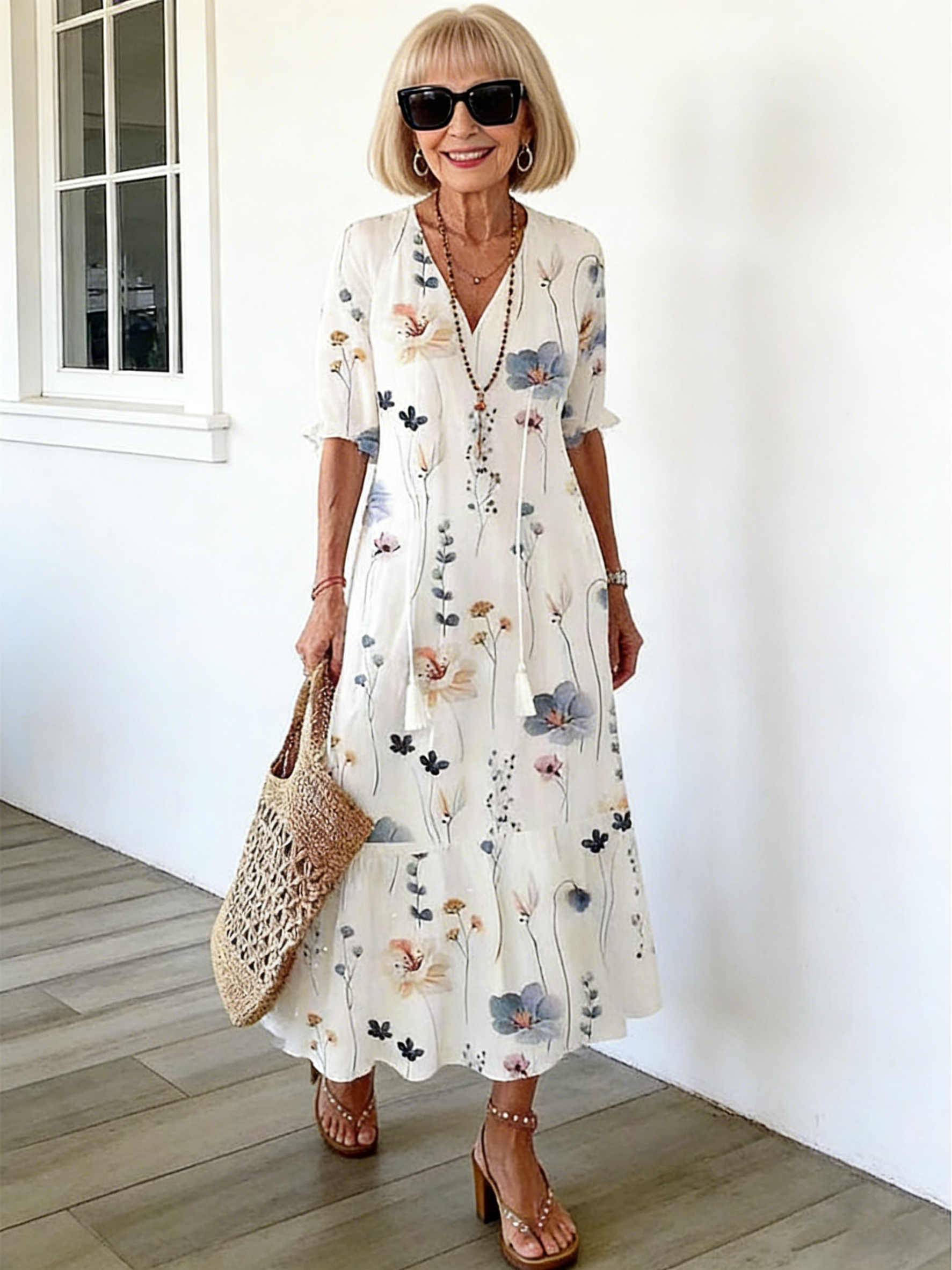 Half Sleeve Floral Print Summer Fall V Neck Casual Geometric Printed Dress