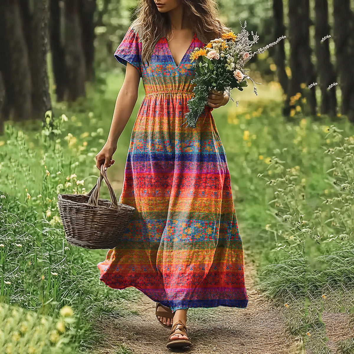 Womens Floral Art Linen Dress
