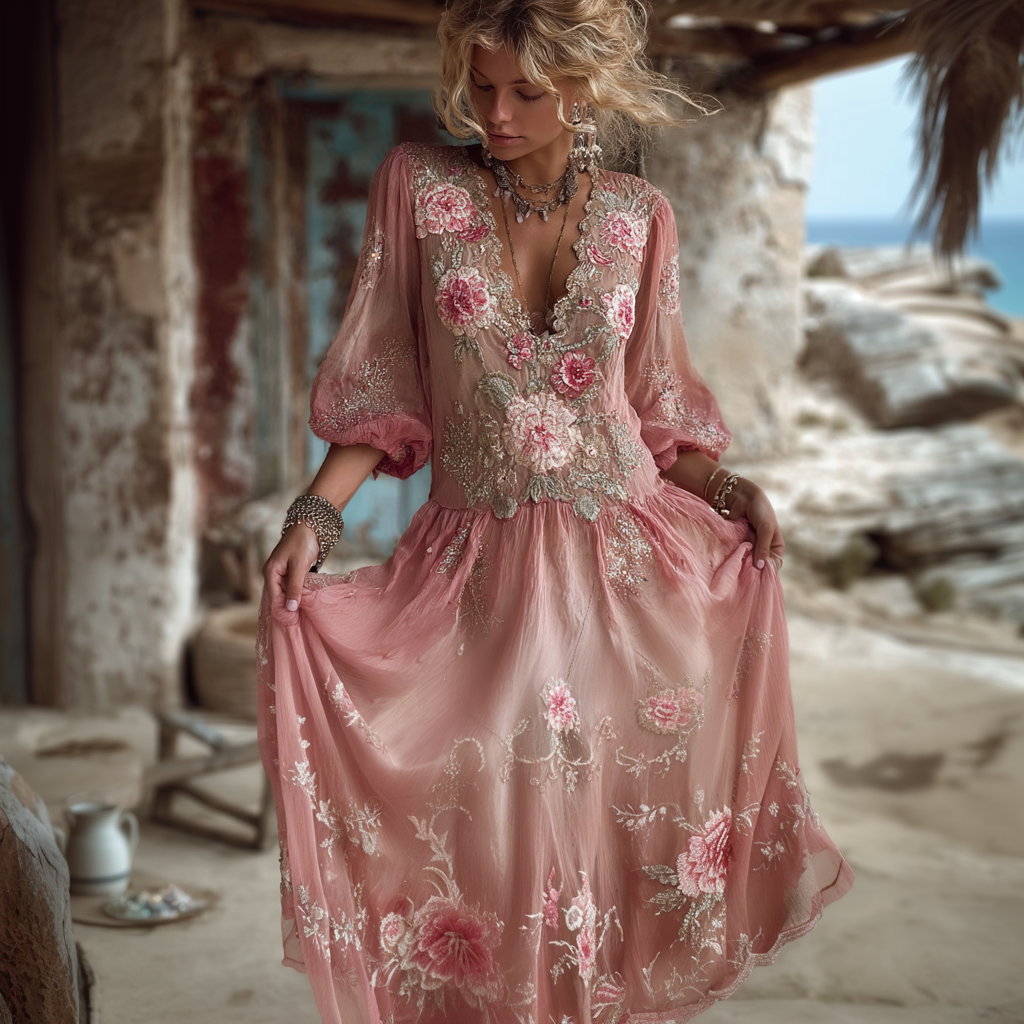 Boho Pink Flowers Embroidered Lace Flowy Linen Maxi Dress