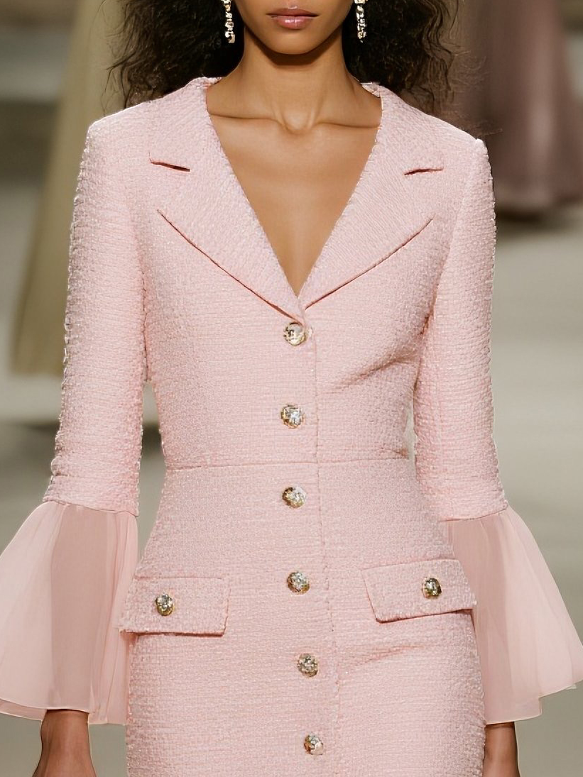 Light Pink Buckle Mesh Tweed Lapel Collar Long Sleeve Bell Sleeve Sheath Midi Dress