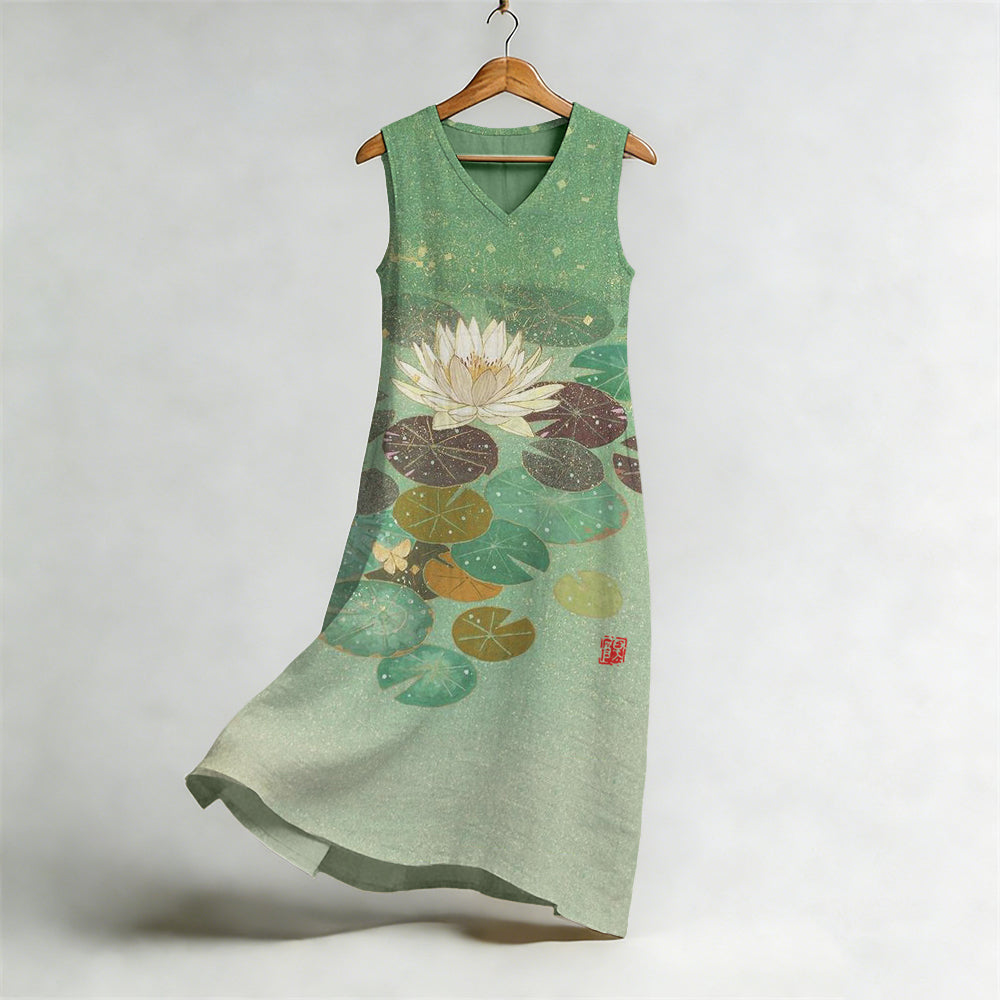 Lotus Flower Japanese Art Flowy Linen Midi Dress