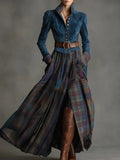 Retro Ethnic Style Blue Faux Suede Plaid Maxi Dress