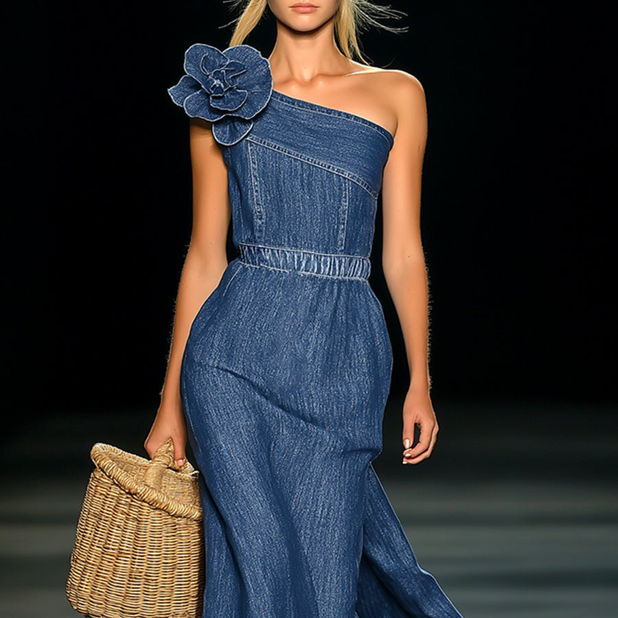 Elegant Strapless Denim 3D Floral Maxi Dress