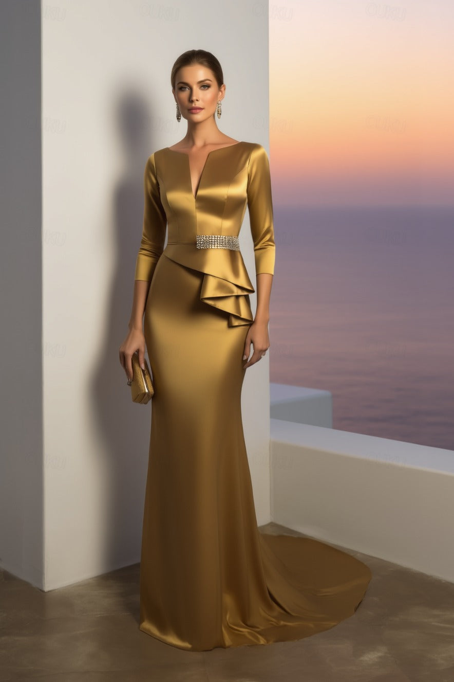 Formal Evening Dress Gold V Neck Maxi Satin Dress