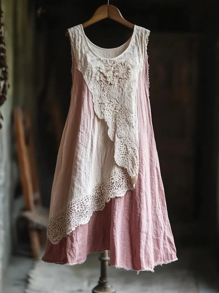 Vintage Lace Patchwork Cozy Linen Tank Dress