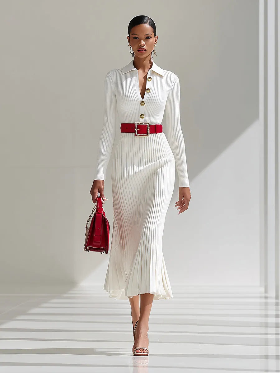 [24-hour shipping out]White Wool Lapel Button Design Maxi Dress