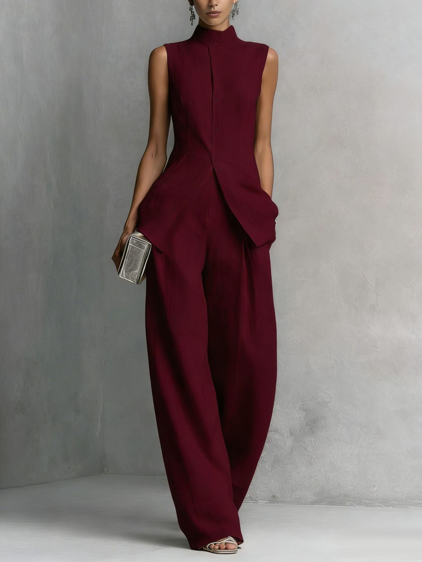 Women's Neo-Chinese Mock Neck Sleeveless Set - Elegant Wide-Leg Two-Piece Suit for Quiet Luxury Style