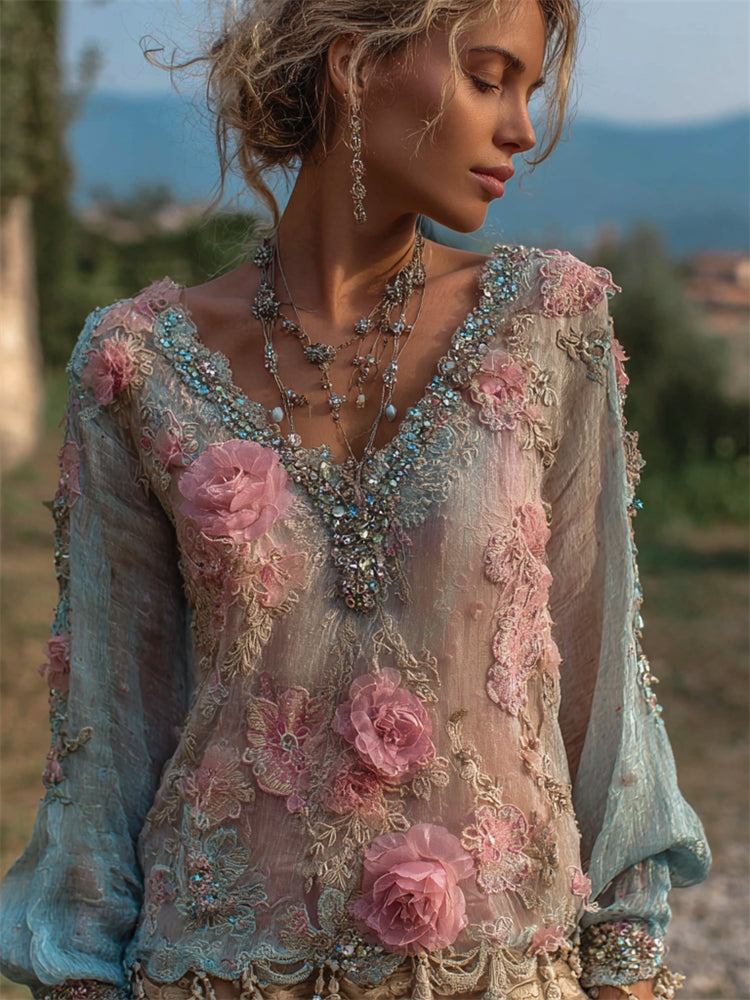 Floral Glitter Diamonds Beaded Gradient Flowy Linen Tunic