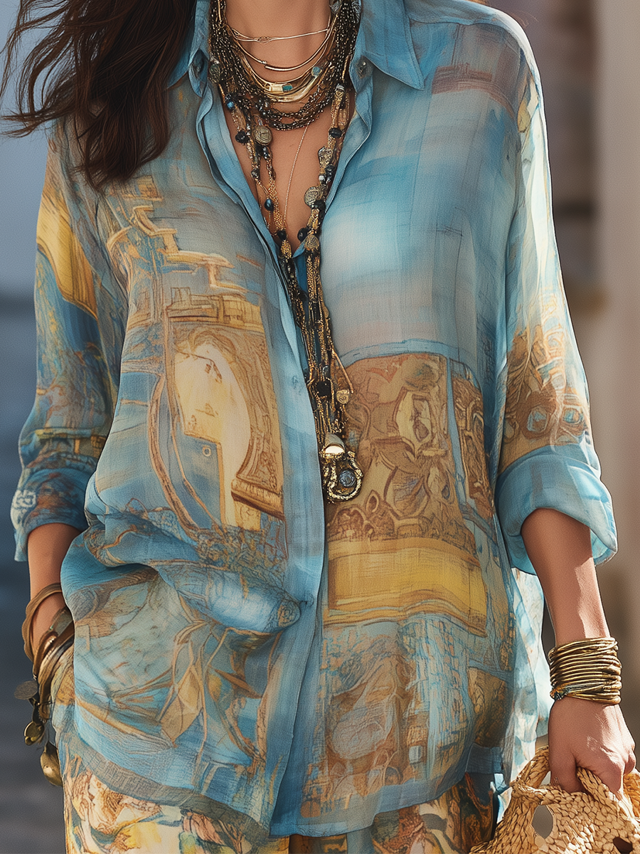 Vacation Style Blue Baroque Print Shirt