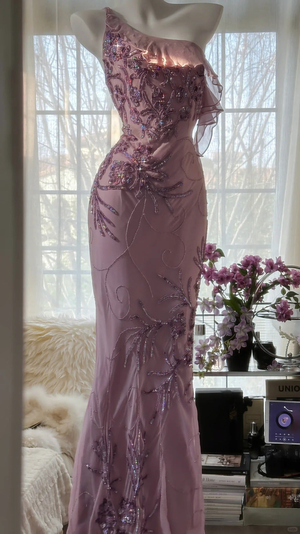 Pink Purple Romantic One Shoulder Fashion Elegant Exquisite Floral Beading Long Chiffon Ball Gown Evening Dress Birthday Holiday Party Dress Prom Dress 4012
