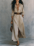 Effortless Coastal Elegance Button-Front Linen Waist Belt Shirt Maxi Dress