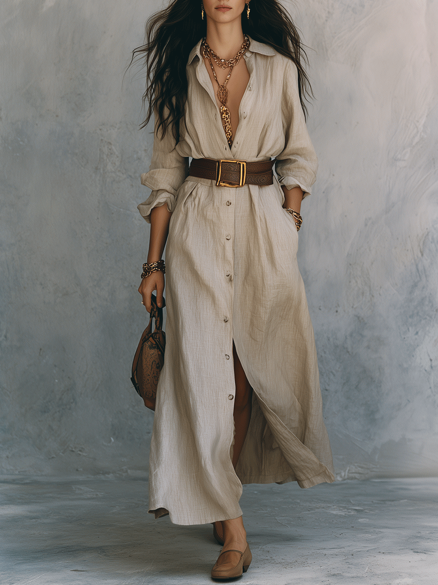 Effortless Coastal Elegance Button-Front Linen Waist Belt Shirt Maxi Dress