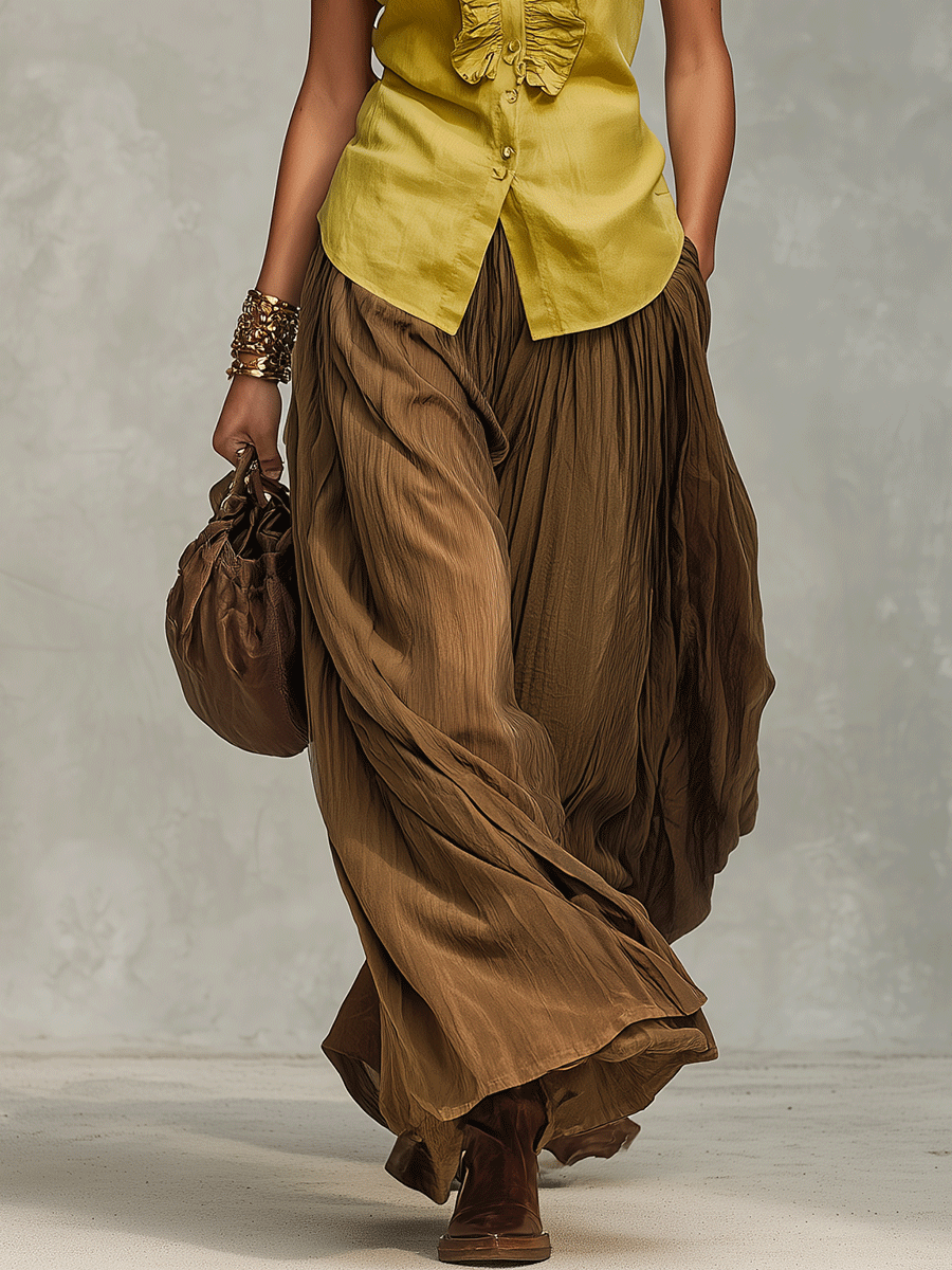 Bohemian Resort Ruffle Sleeveless Olive Satin Blouse & Flowing Wide-Leg Pants Set